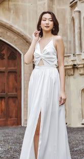 Silk Backless Midi Dress with Bow Tie and Flowy Drape